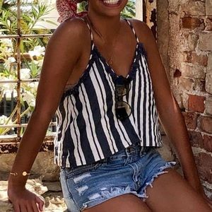 Blue and white striped top with fringe detail